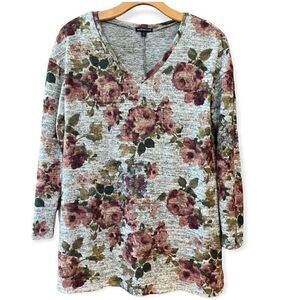 Mm3 Sz S Gray Pink Large Garden Roses V-Neck Long Sleeve Sweater